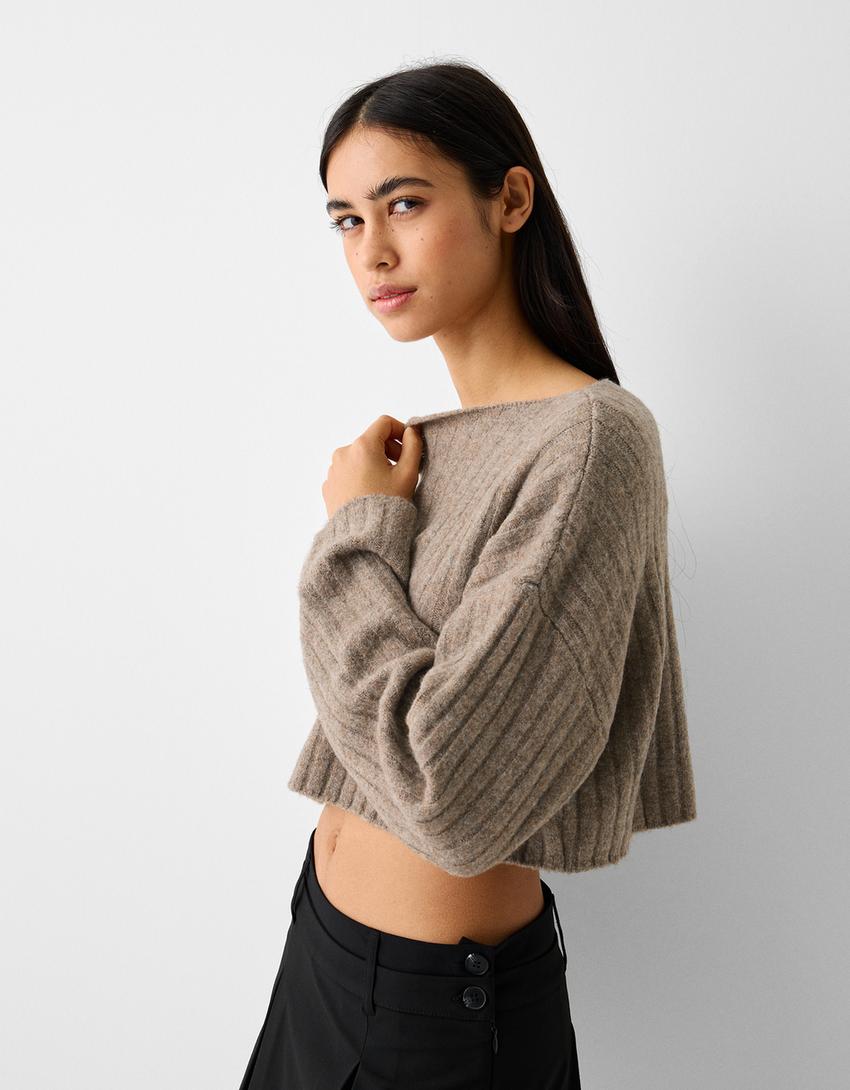 Pull cropped maille bord-côte épaules tombantes-Marron-2