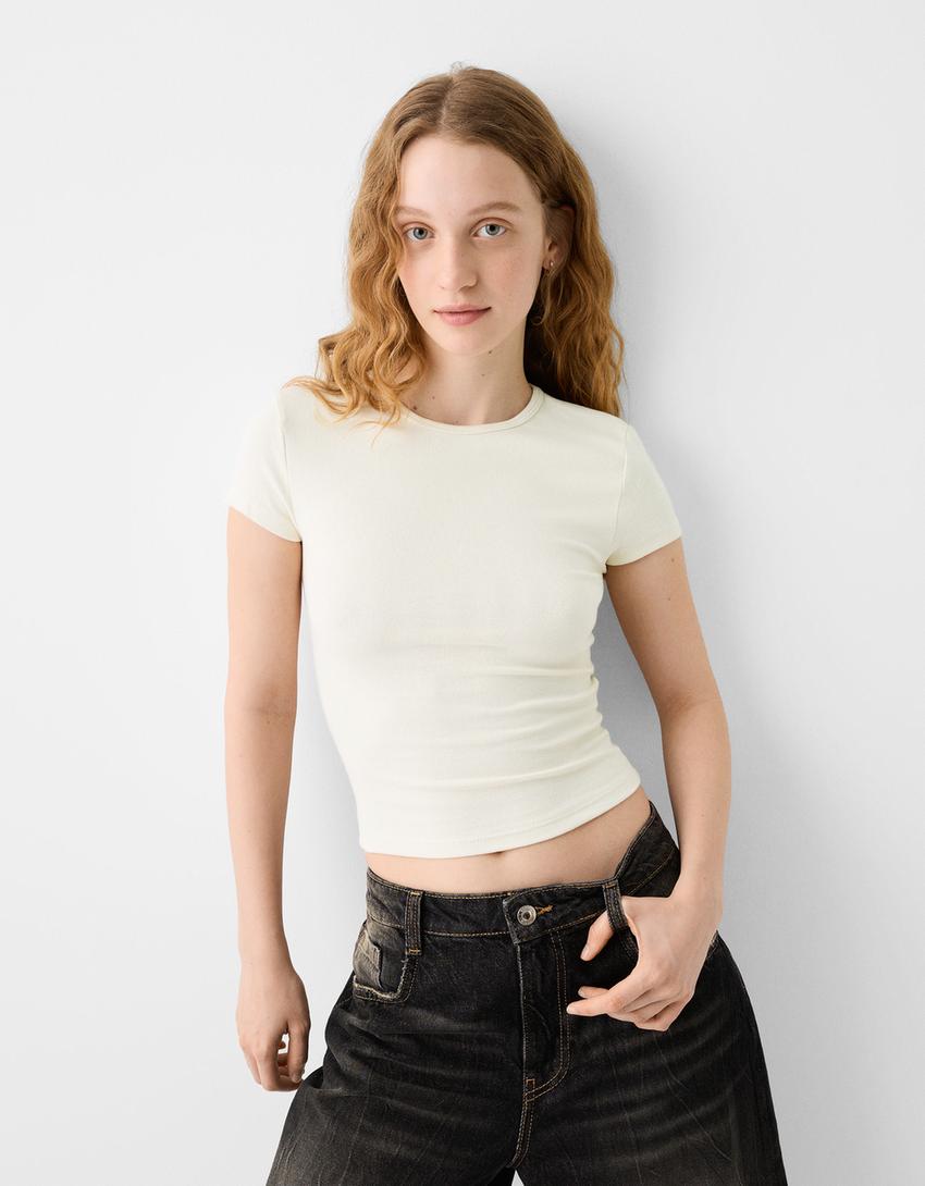 Kısa kollu bisiklet yaka t-shirt-Bej-2