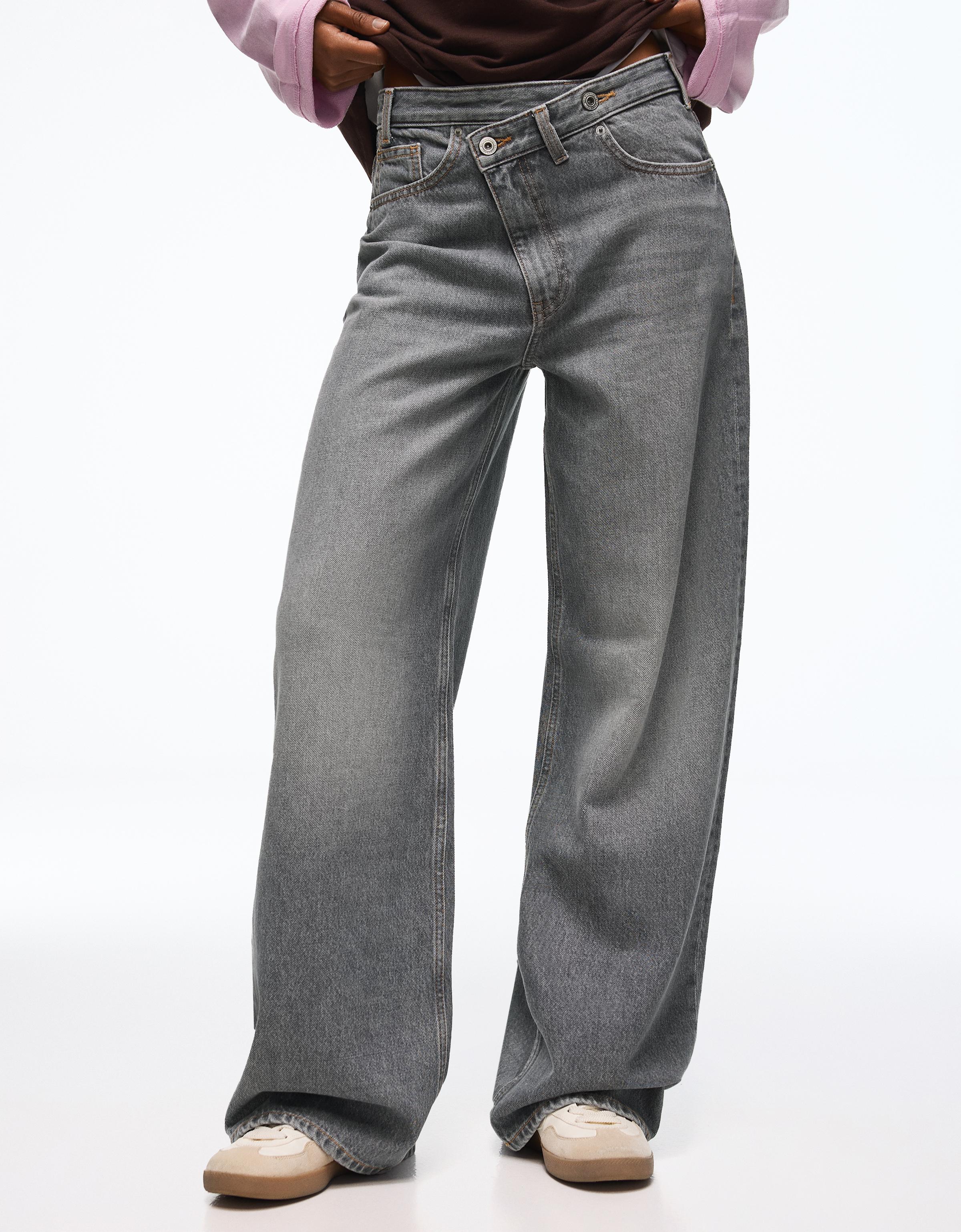 Wide-leg cross-waist jeans — Grey
