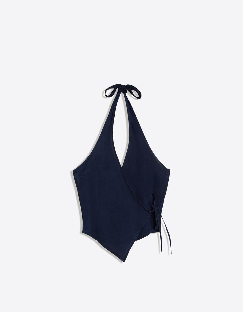 Neckholder-Top aus Jeansstoff-Blau