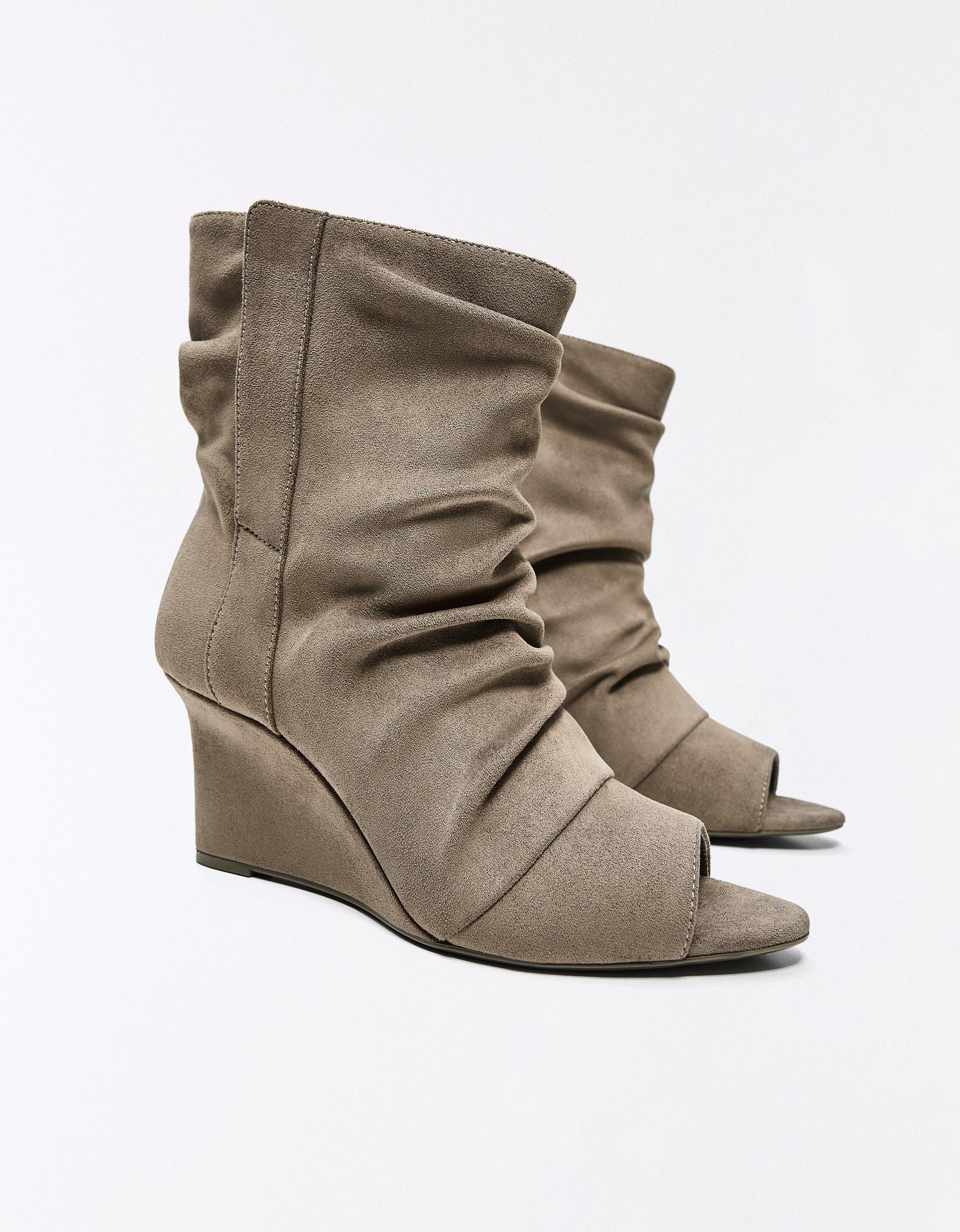 SLOUCHY PEEP TOE ANKLE BOOTS — TAUPE