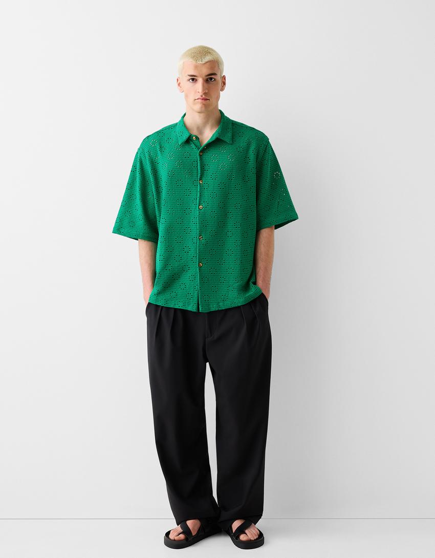 قميص بحياكة مفتوحة وأكمام قصيرة-أخضر-3