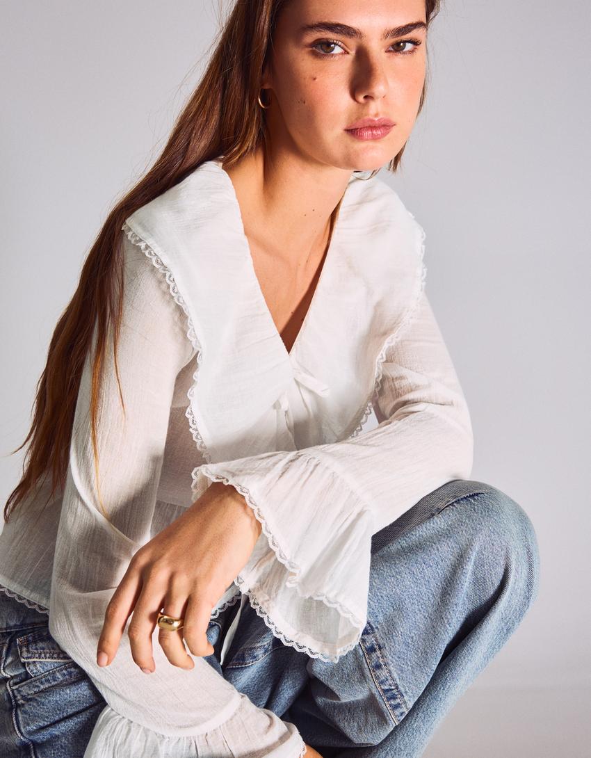 Blusa manga larga rústica volantes-Blanco