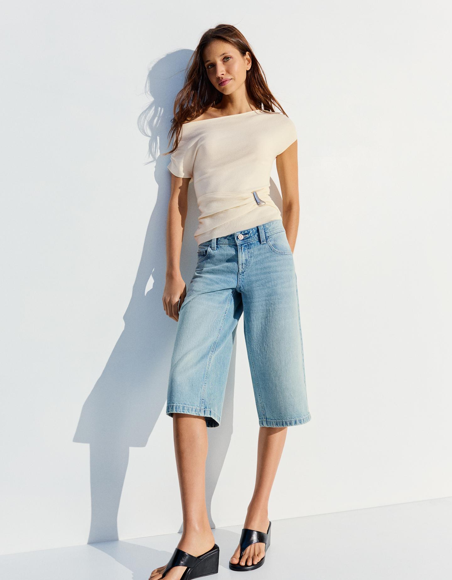 Bershka Camiseta Asimétrica Cinturón Mujer Crudo