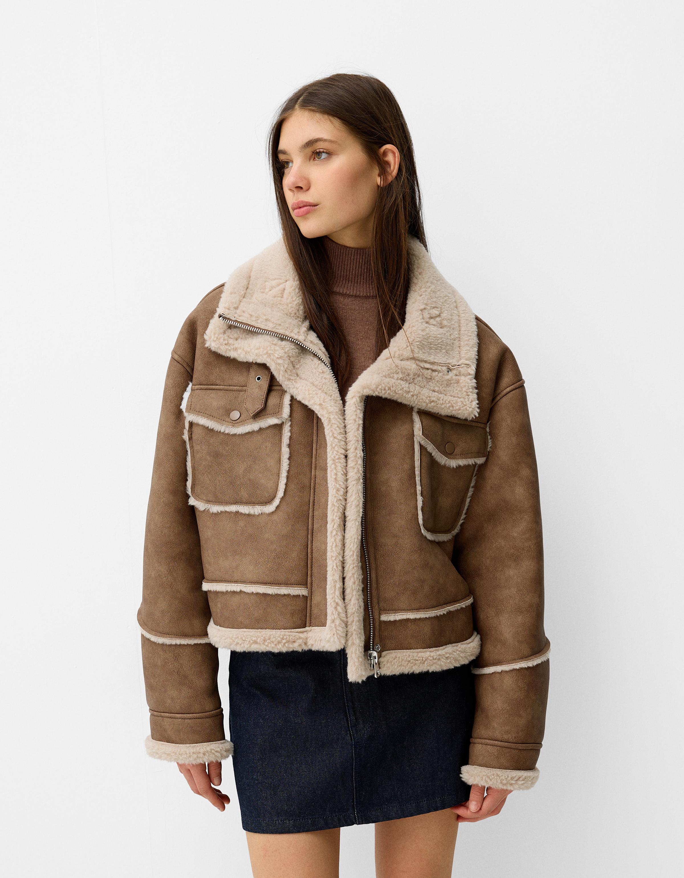 Bershka Doubleface-Kunstlederjacke Damen Xs Camel