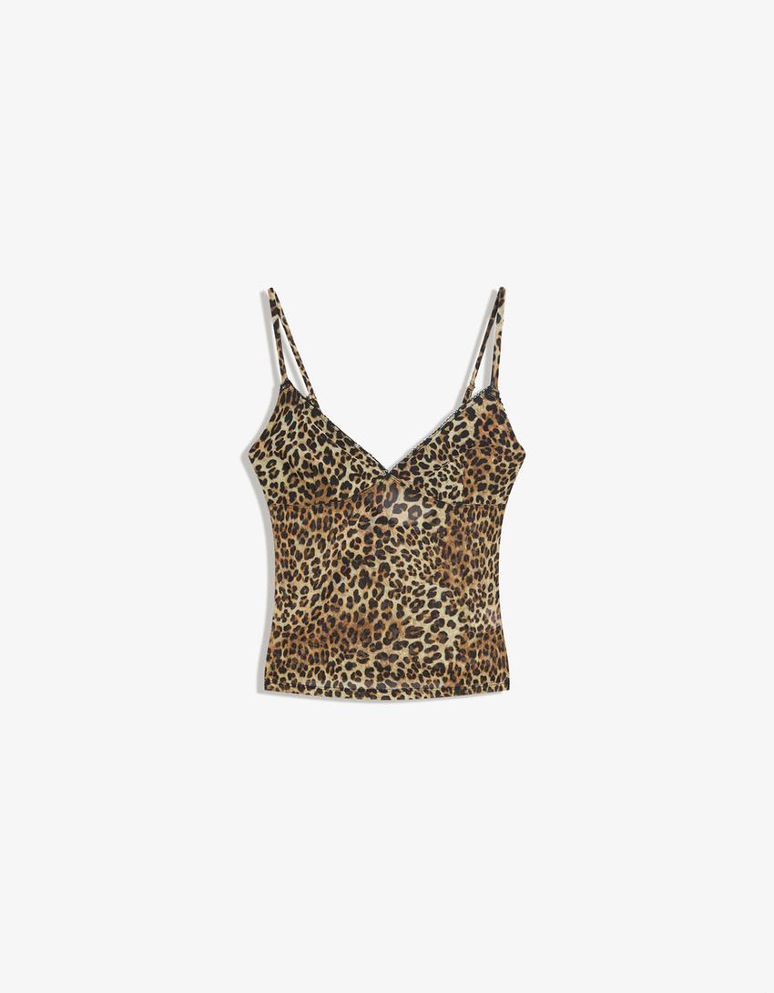 Printed mesh strappy top-Camel