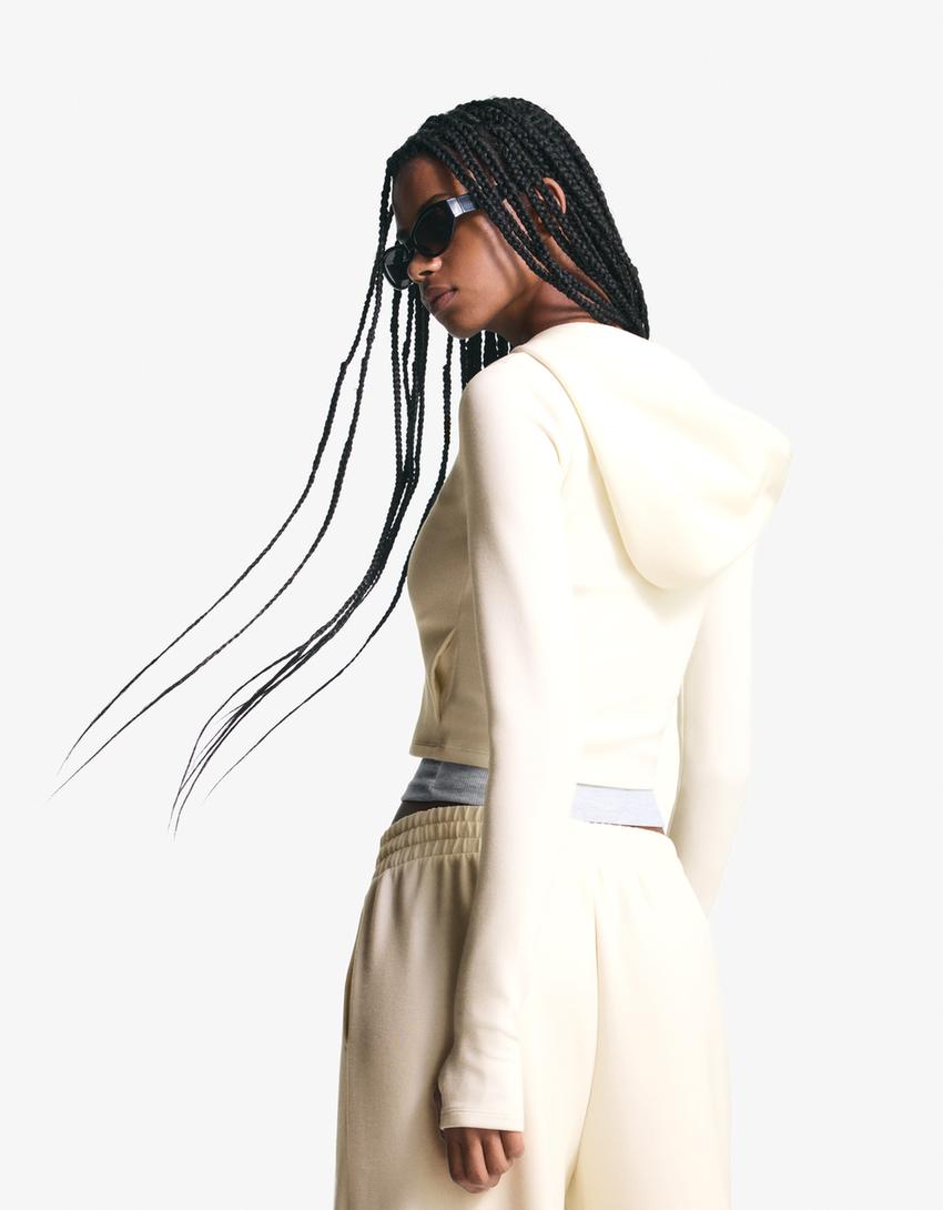 Sudadera cremallera soft con modal capucha-Crudo