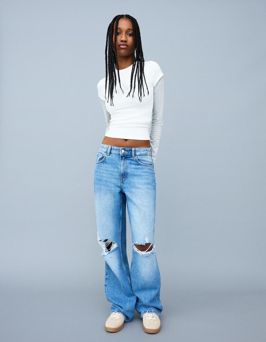 Hullede jeans med brede ben-Lyseblå-2