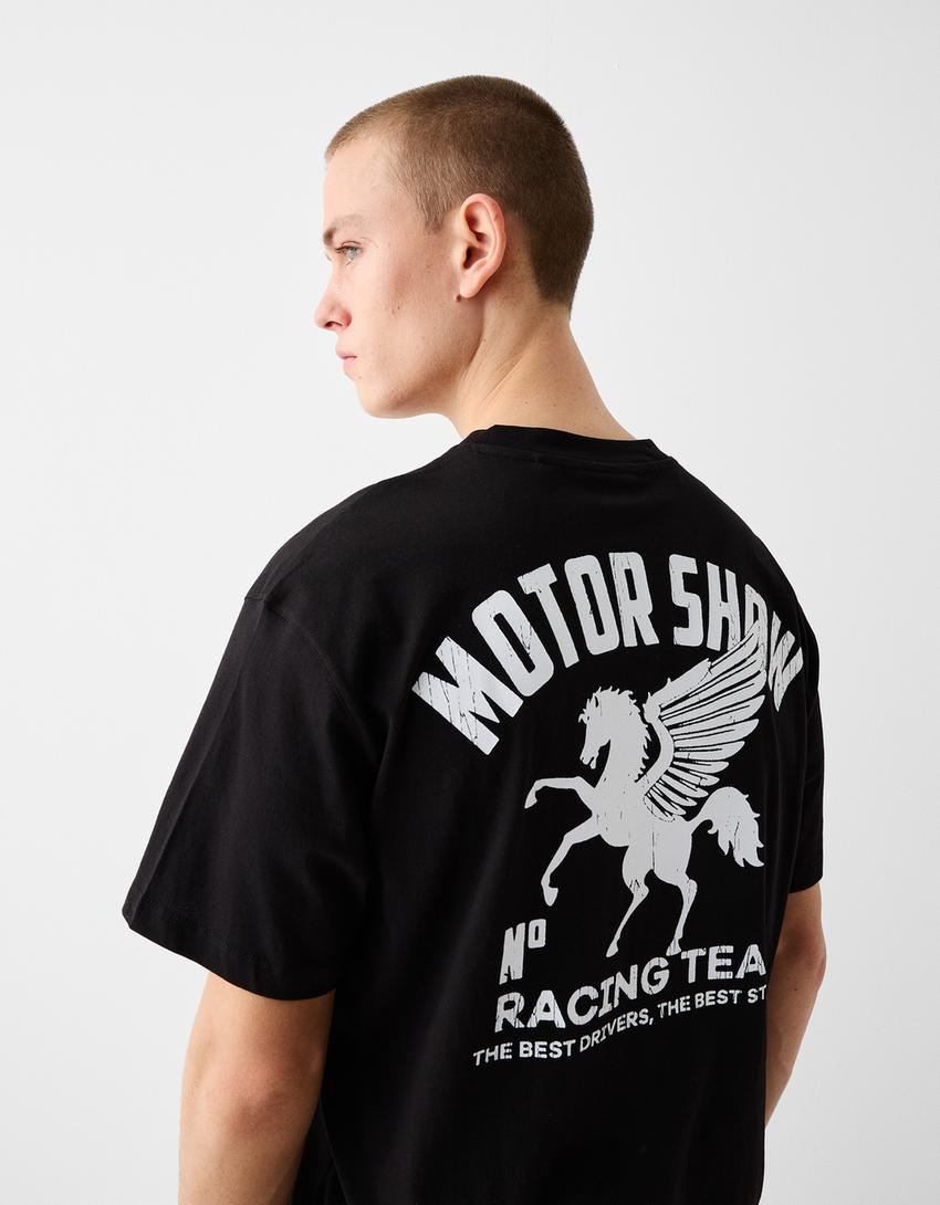 Тениска с къс ръкав, щампа и квадратна кройка-Черно-2