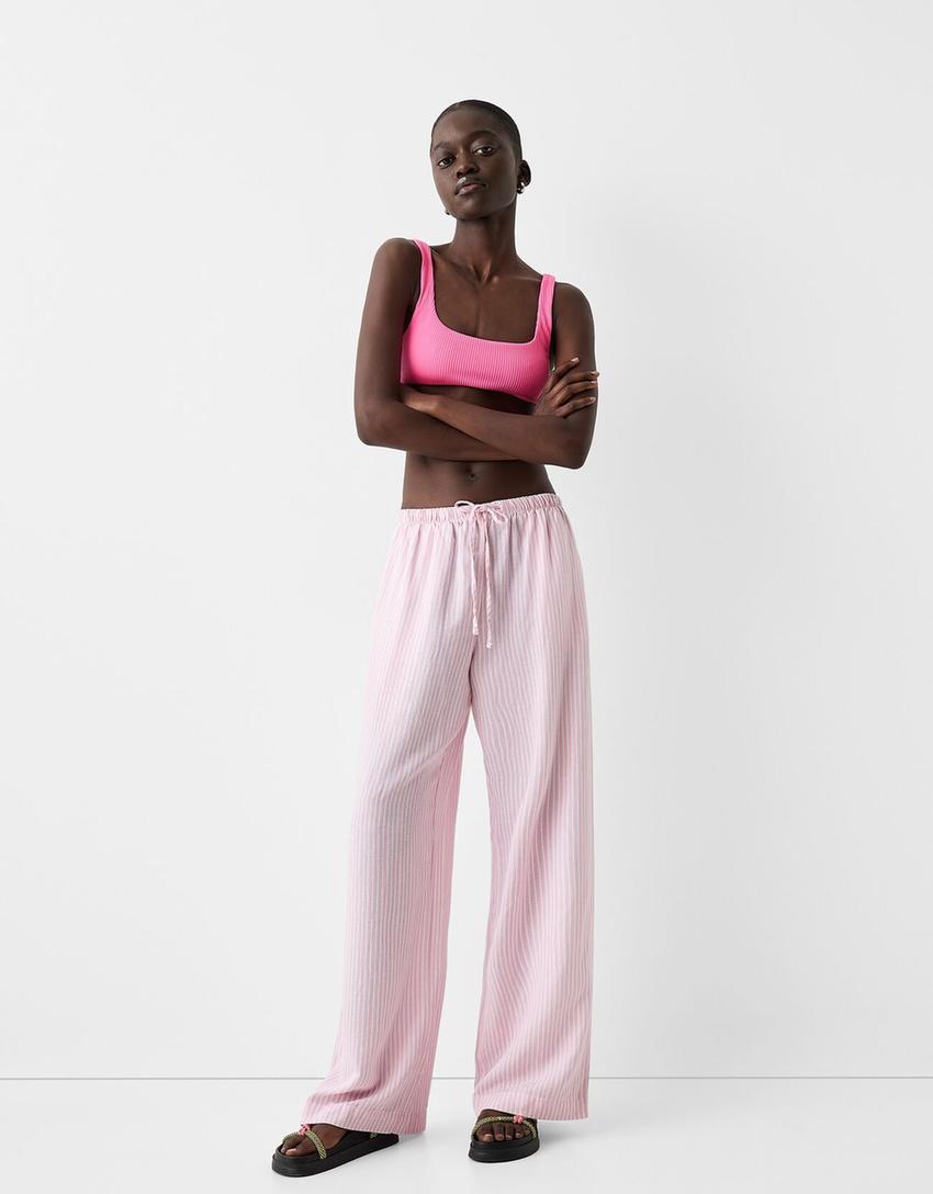 Straight-leg striped trousers with elasticated waist-Pink-0