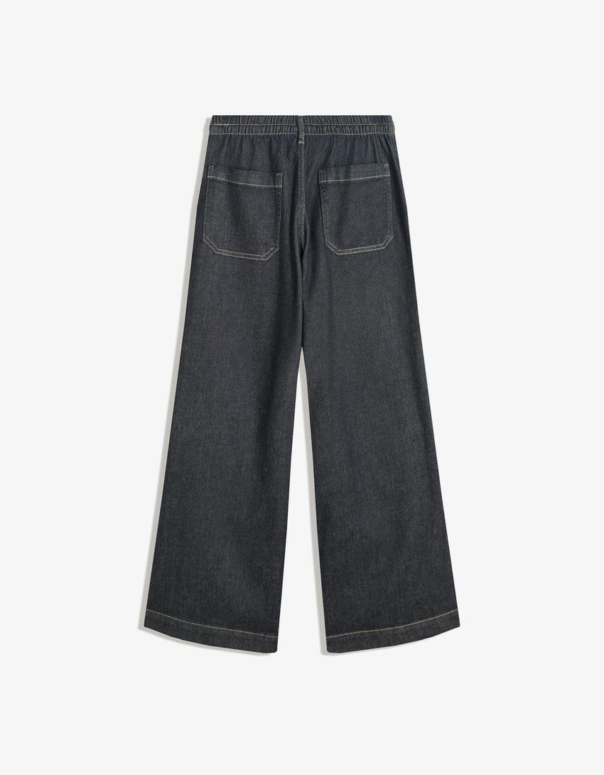 Jeansy wide z polaru-Granatowy-4