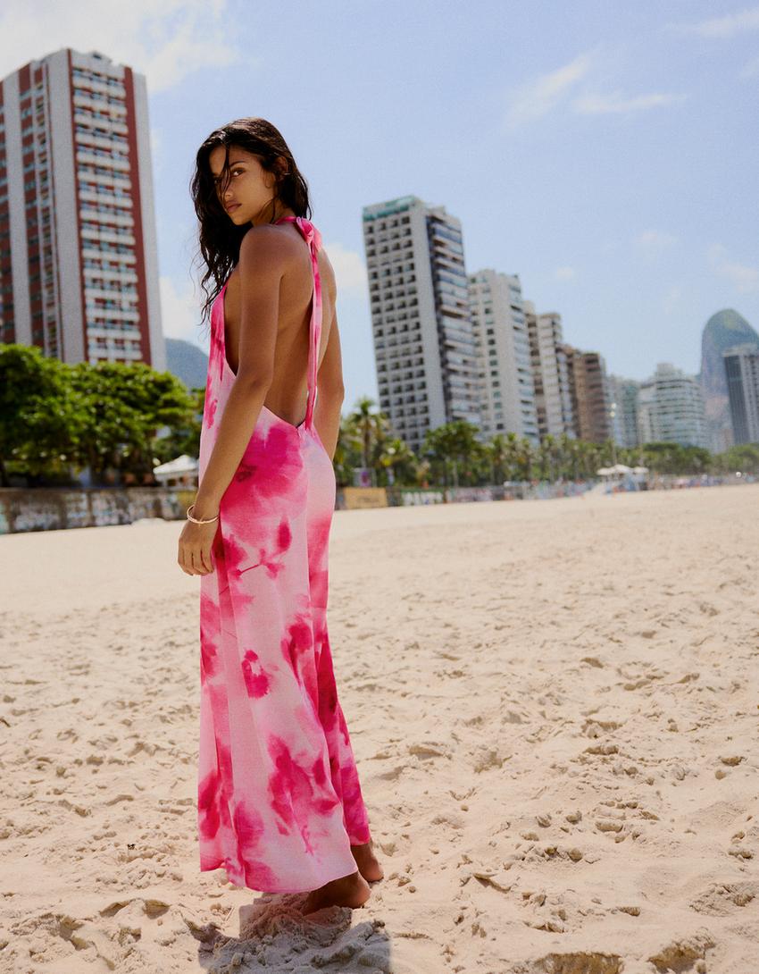 Vestido midi halter estampado-Fucsia