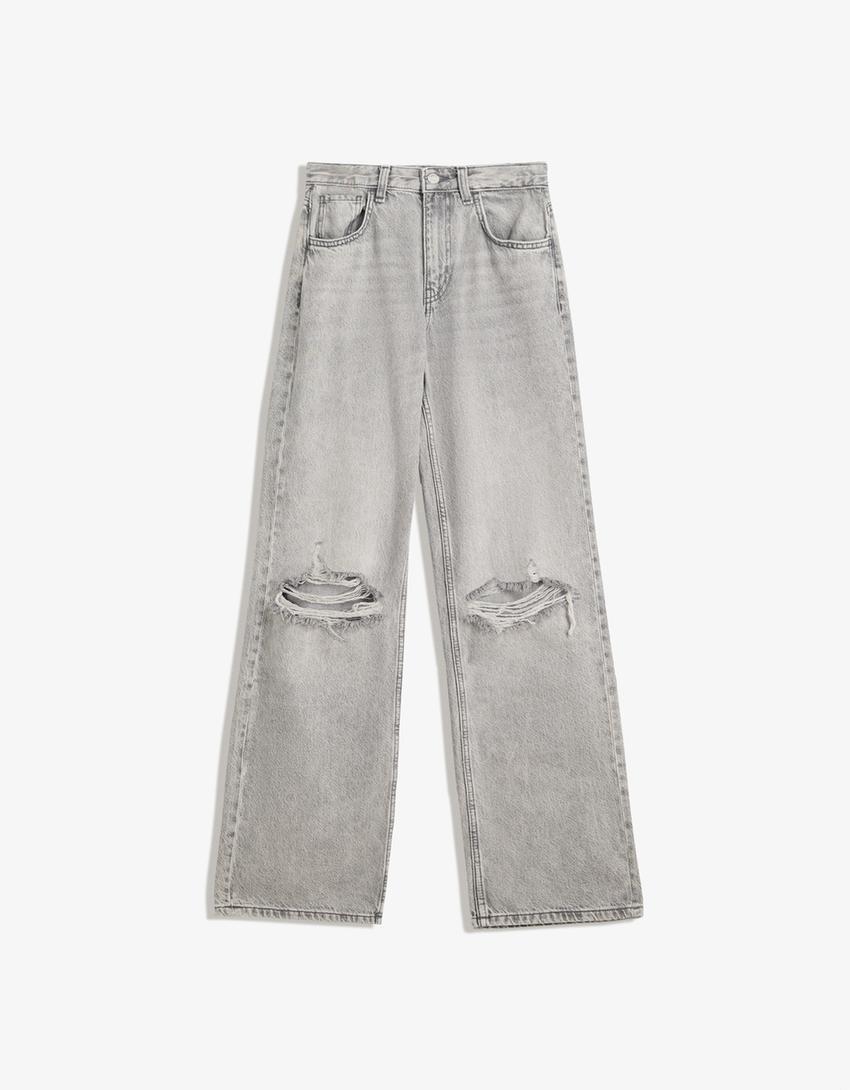 Hullede jeans med brede ben-Mørk grå-0