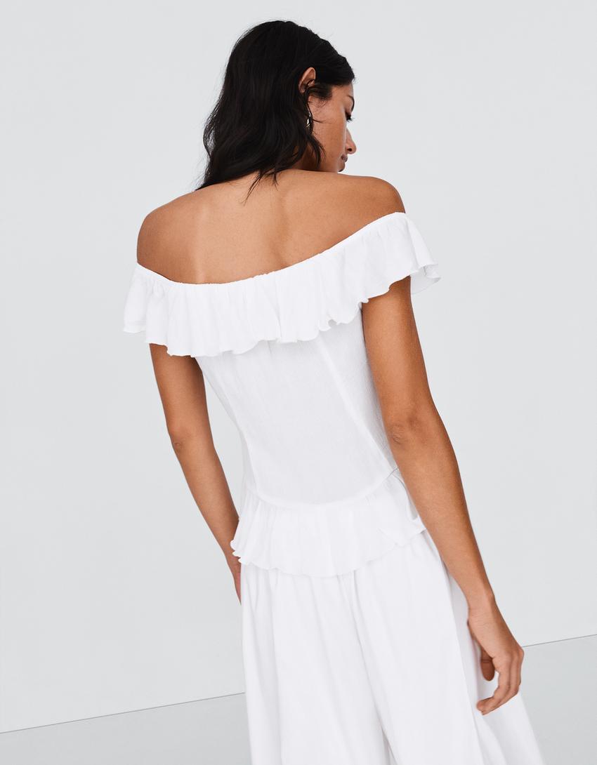 Bardot ruffled top-White