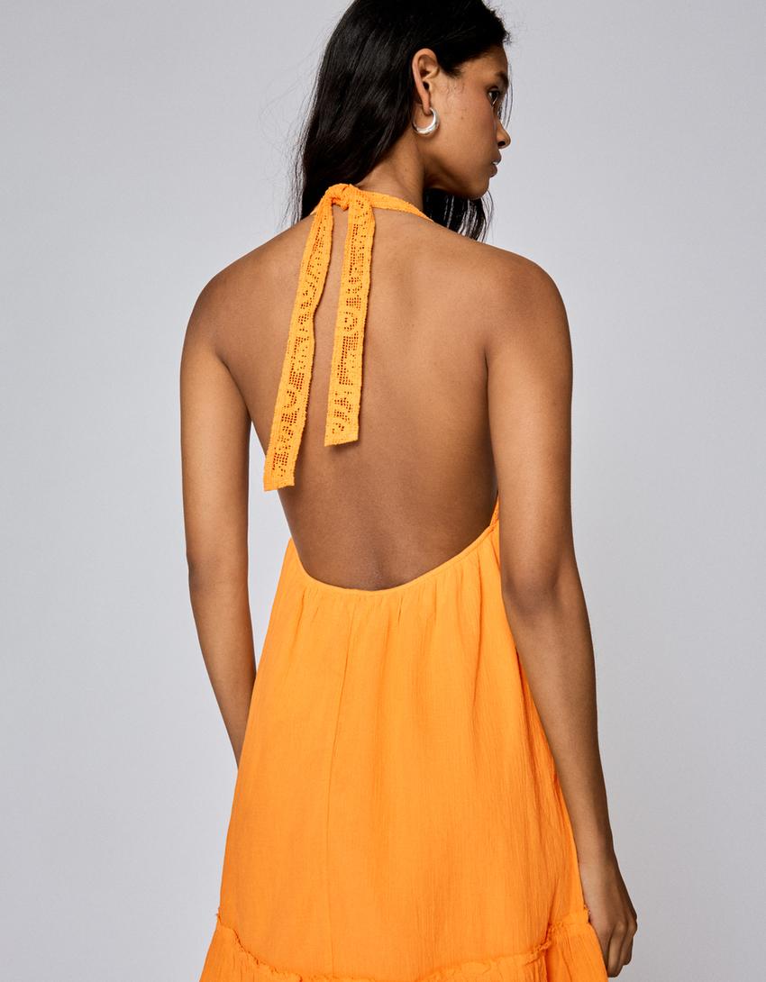 Crochet halter mini dress-Orange