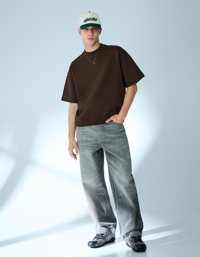 Maglietta a maniche corte in felpa a costine-Marrone