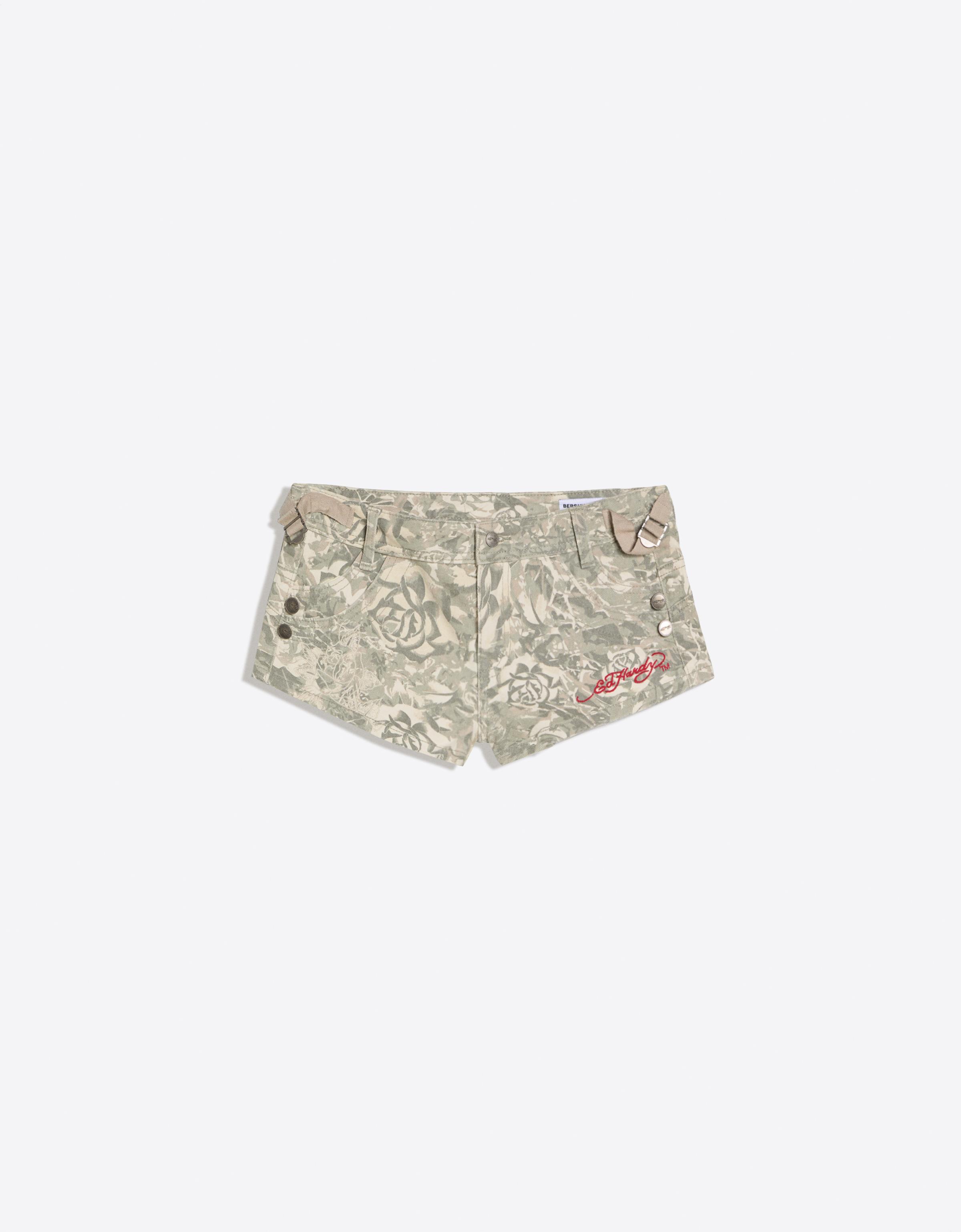 ED HARDY X BERSHKA embroidered shorts — Khaki