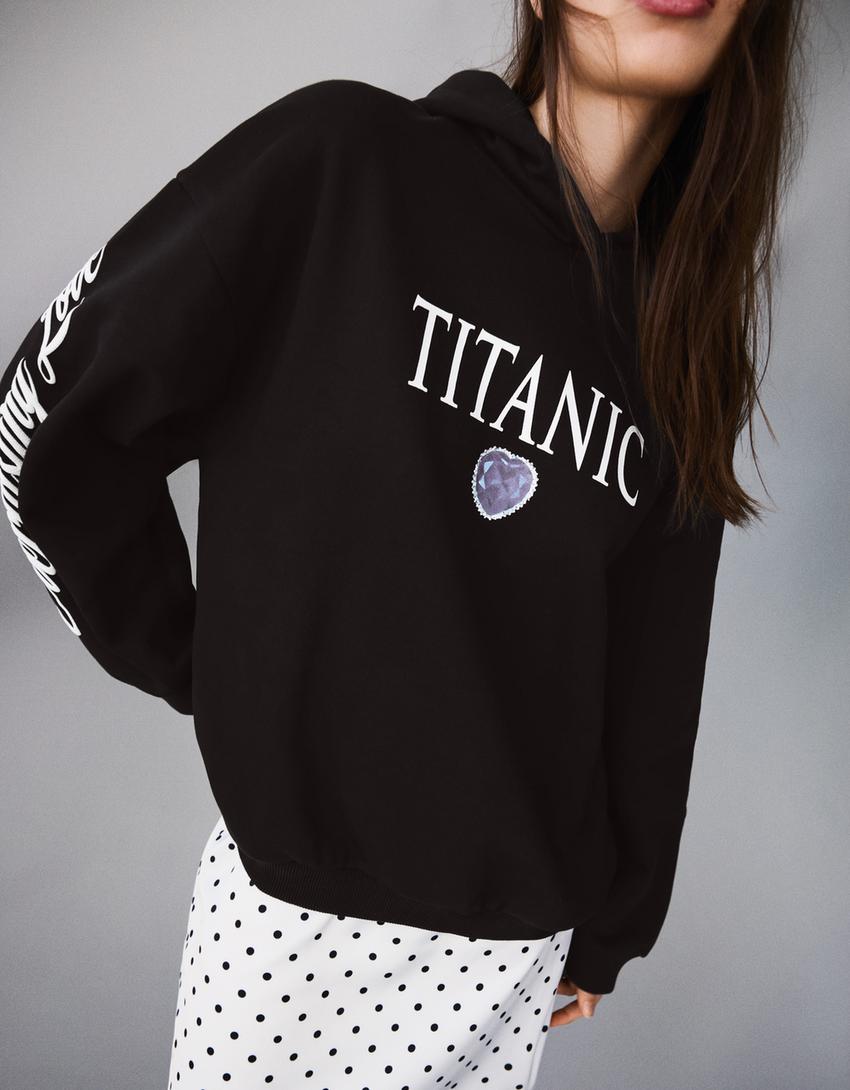 Titanic print hood sweatshirt with hood-Black