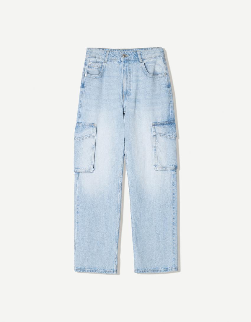 Jeans cargo straight-Azul claro-4