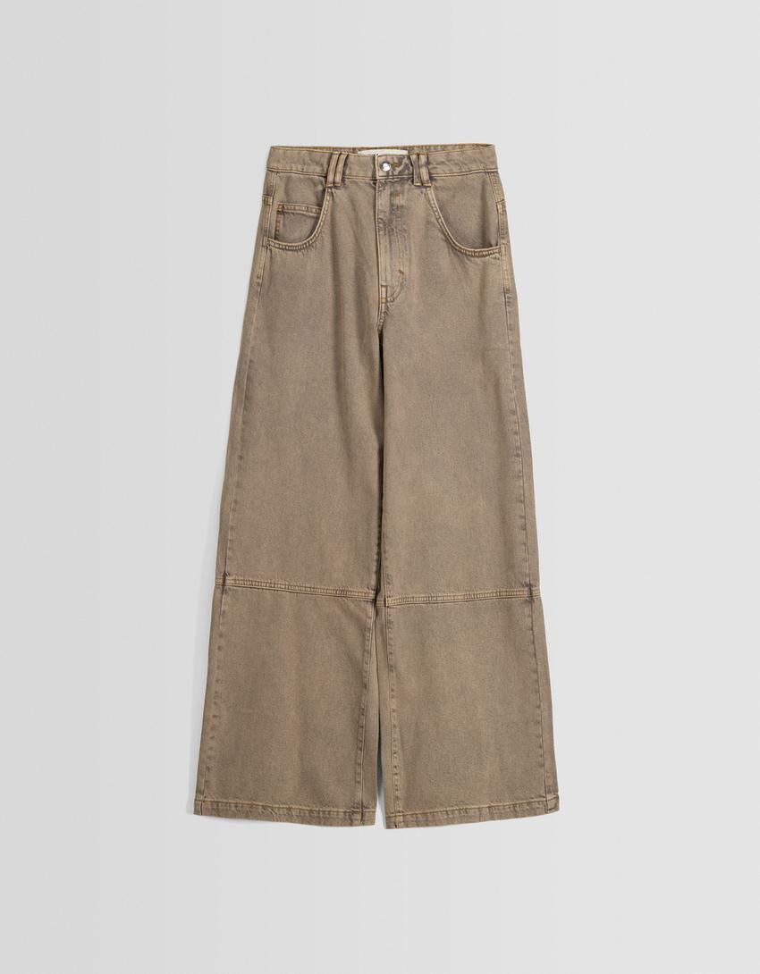 Wide-leg skater-fit twill trousers-Brown
