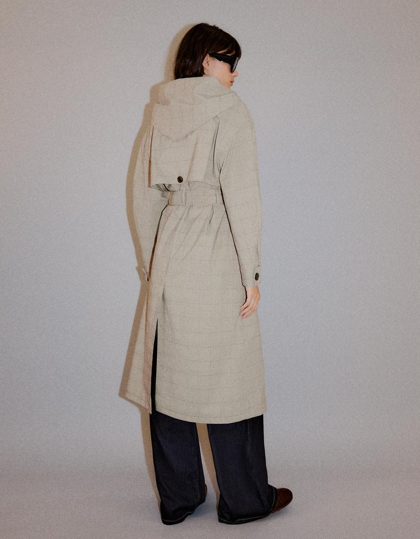 Long check scarf trench coat-Dark grey