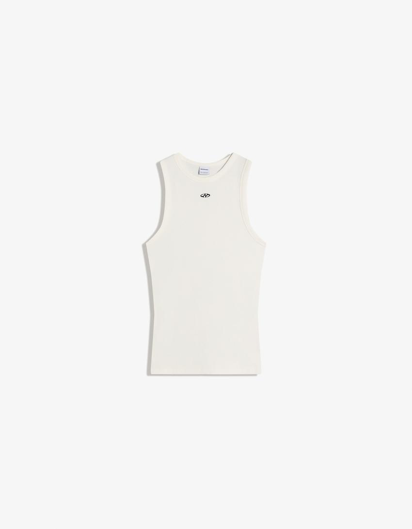 Trägertop mit Waffelstruktur-Print-Grbrochenes Weiss