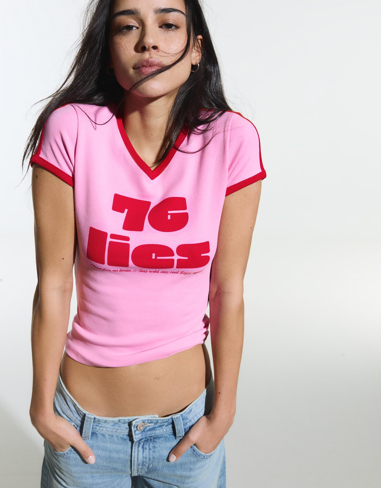 Bershka Maglietta A Maniche Corte Stampa A Contrasto Donna S Rosa