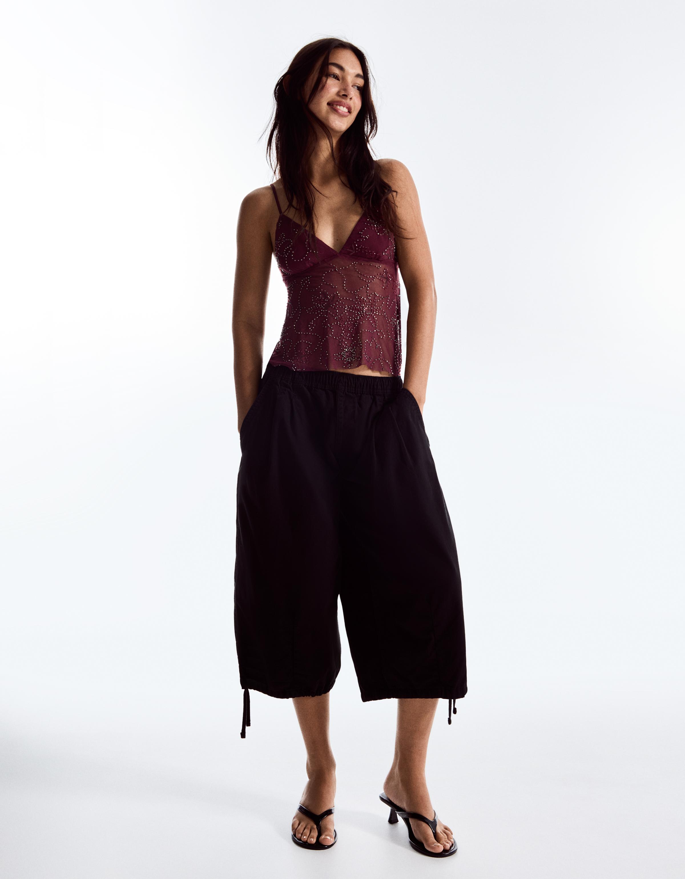 Bershka Top Tirantes Mesh Brillos Mujer Burdeos