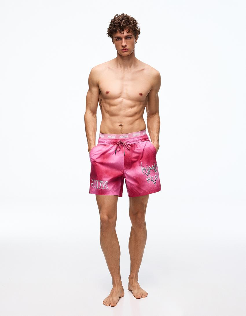 Printed boxy fit swimming trunks-Pink
