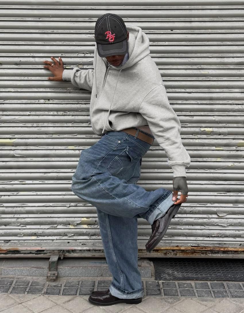 Jeans super baggy fit brodé-Bleu