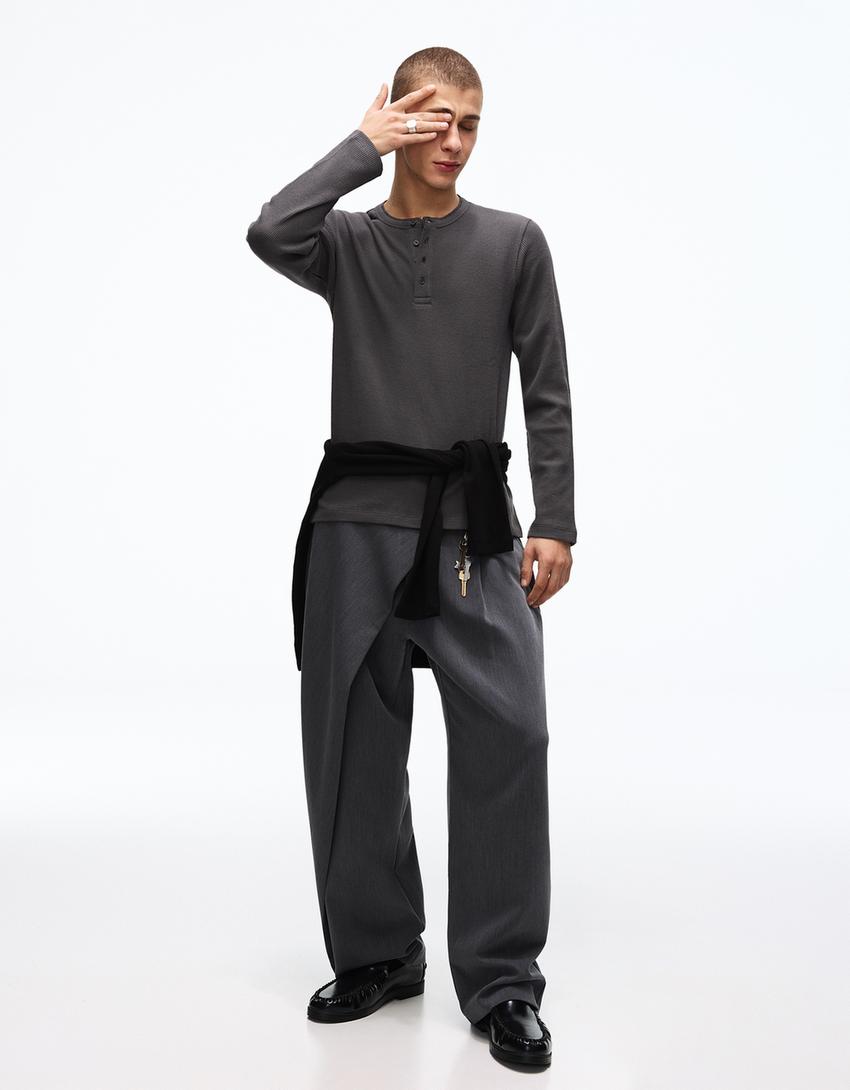 Slim fit long sleeve henley T-shirt-Dark grey