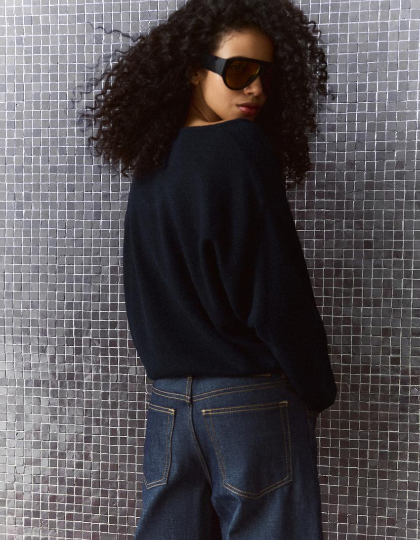 Soft touch oversize V yaka kazak-Mavi