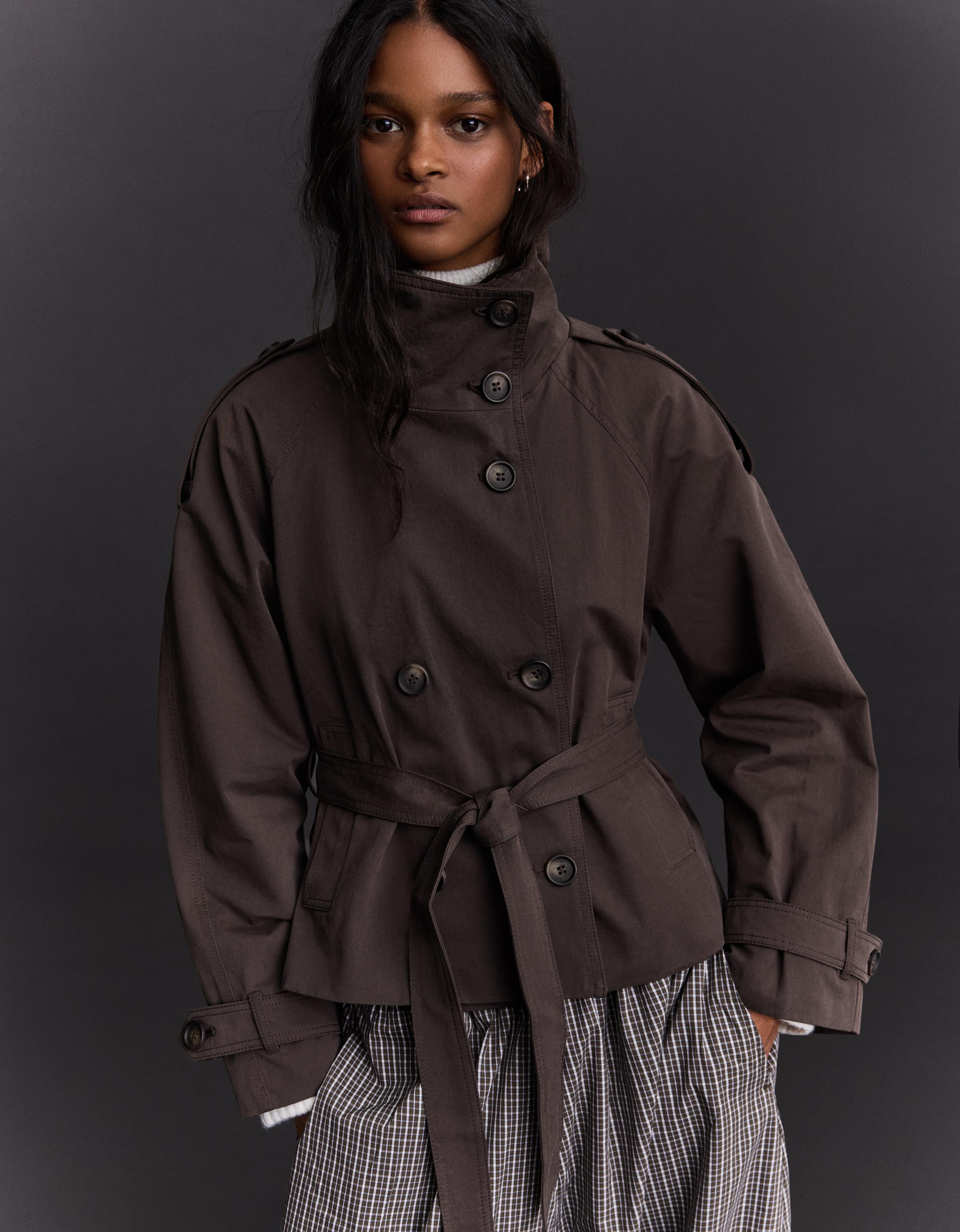 Bershka Funnel Neck Trench Jacket In Brown