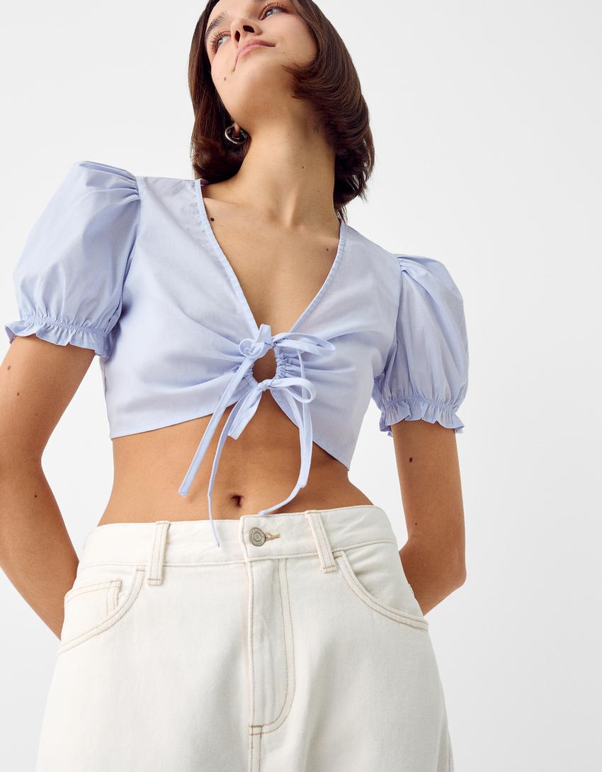 قميص بوبلين بأكمام قصيرة وأربطة-أزرق فاتح-2