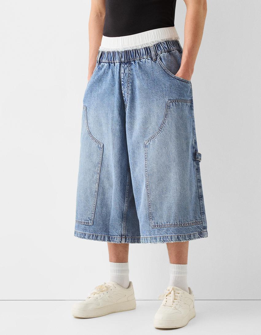Calções bermuda jort denim baggy cintura contraste-Azul lavado-1