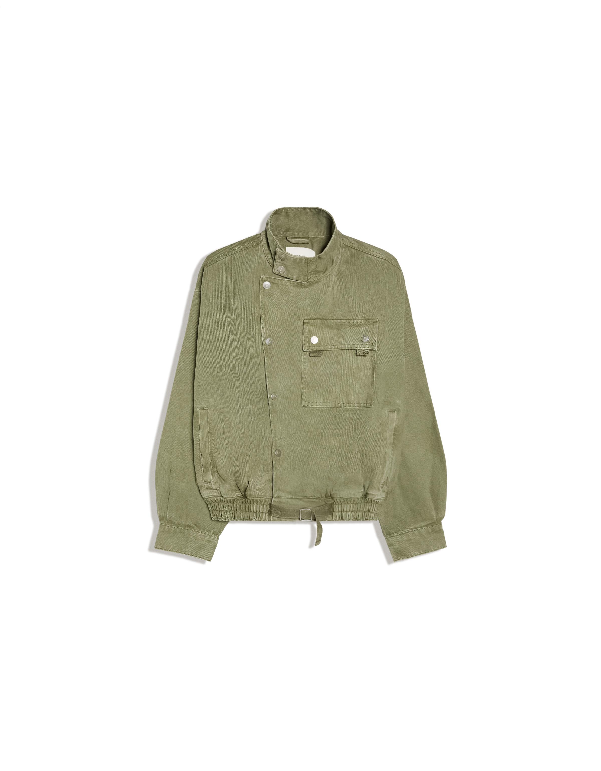 Double-breasted funnel neck jacket with pocket — Green