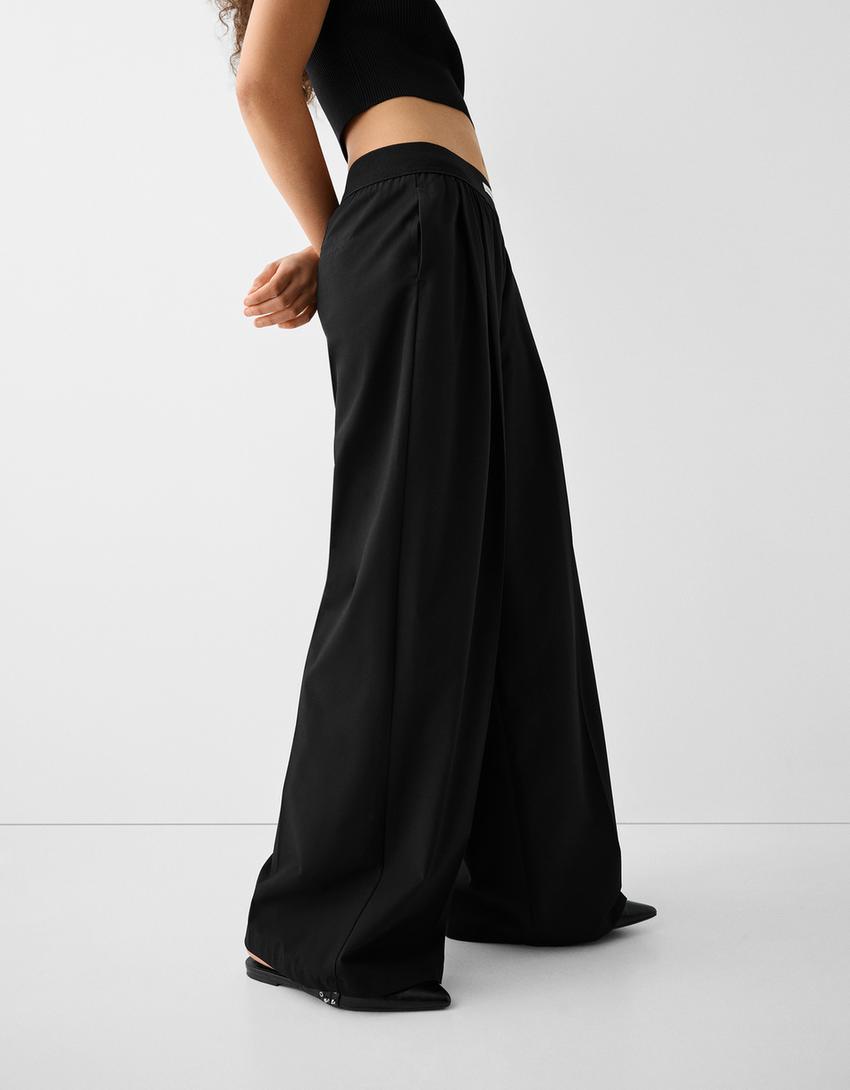 Wide-leg tailored fit trousers with elastic waist-Black-3