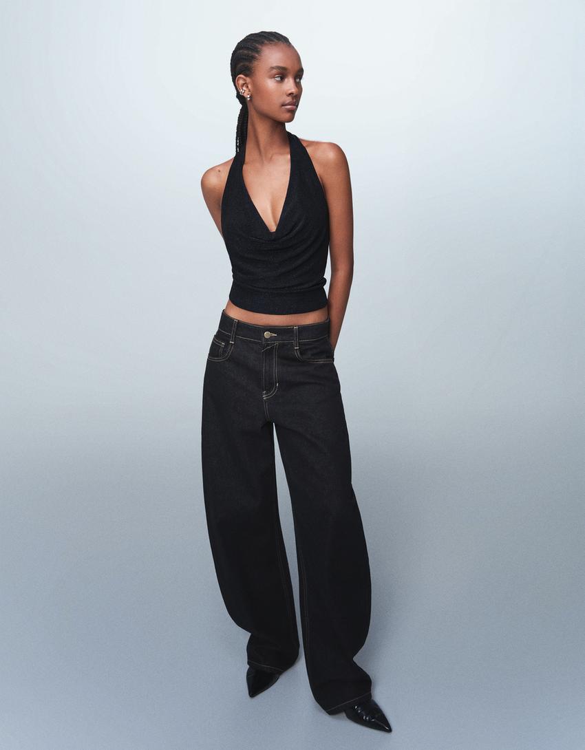 Shimmery draped halter neck top-Navy