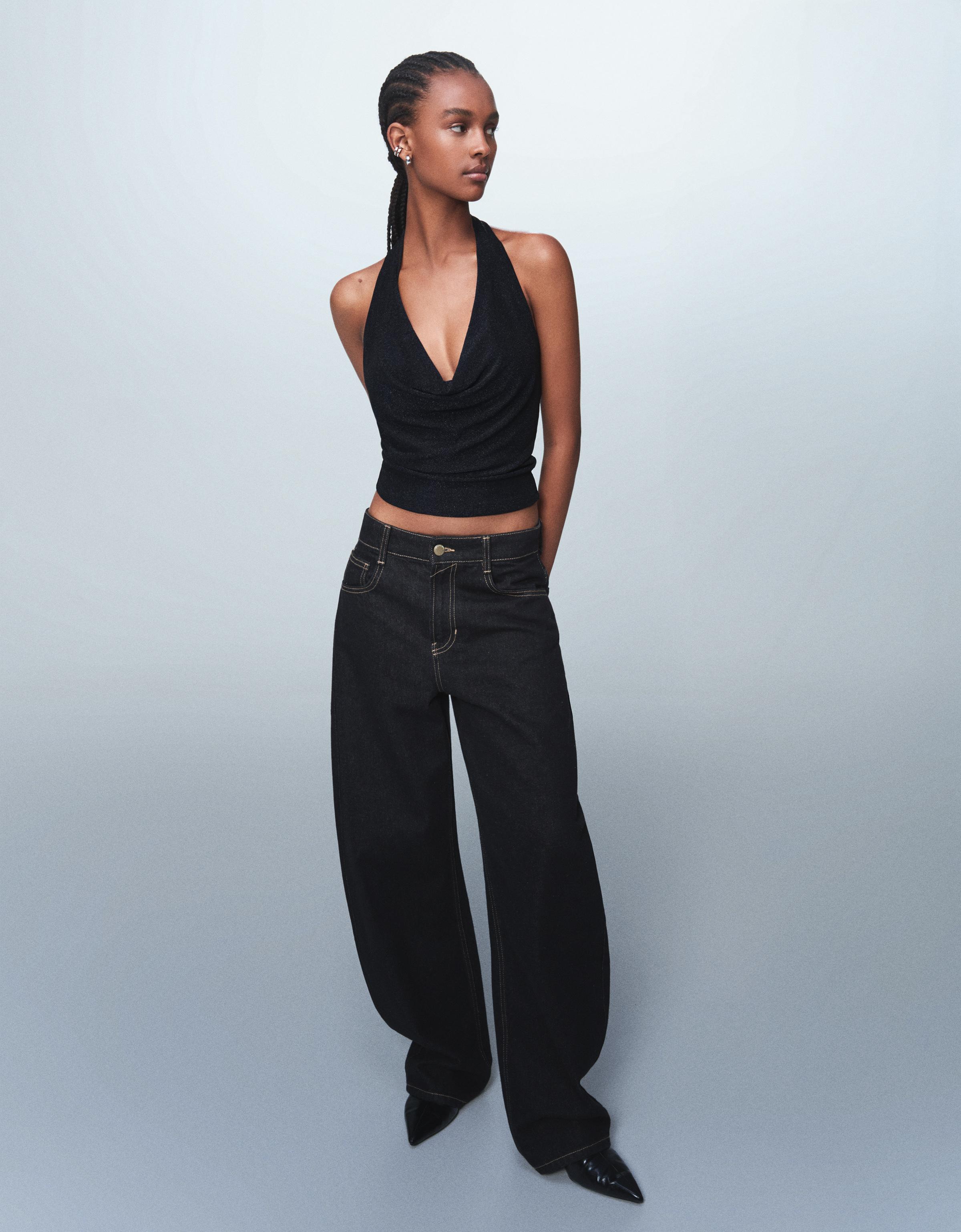 Bershka Neckholder-Top Mit Drapiertem Ausschnitt Und Glitzereffekt Damen Xs Marinenblau