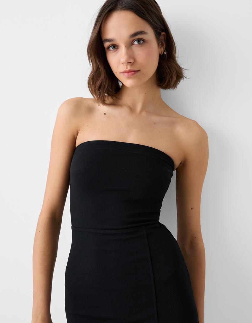 Fitted bandeau neckline midi dress-Black-3