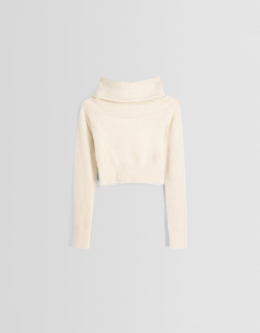 Fuzzy bardot neck sweater-Sand-4