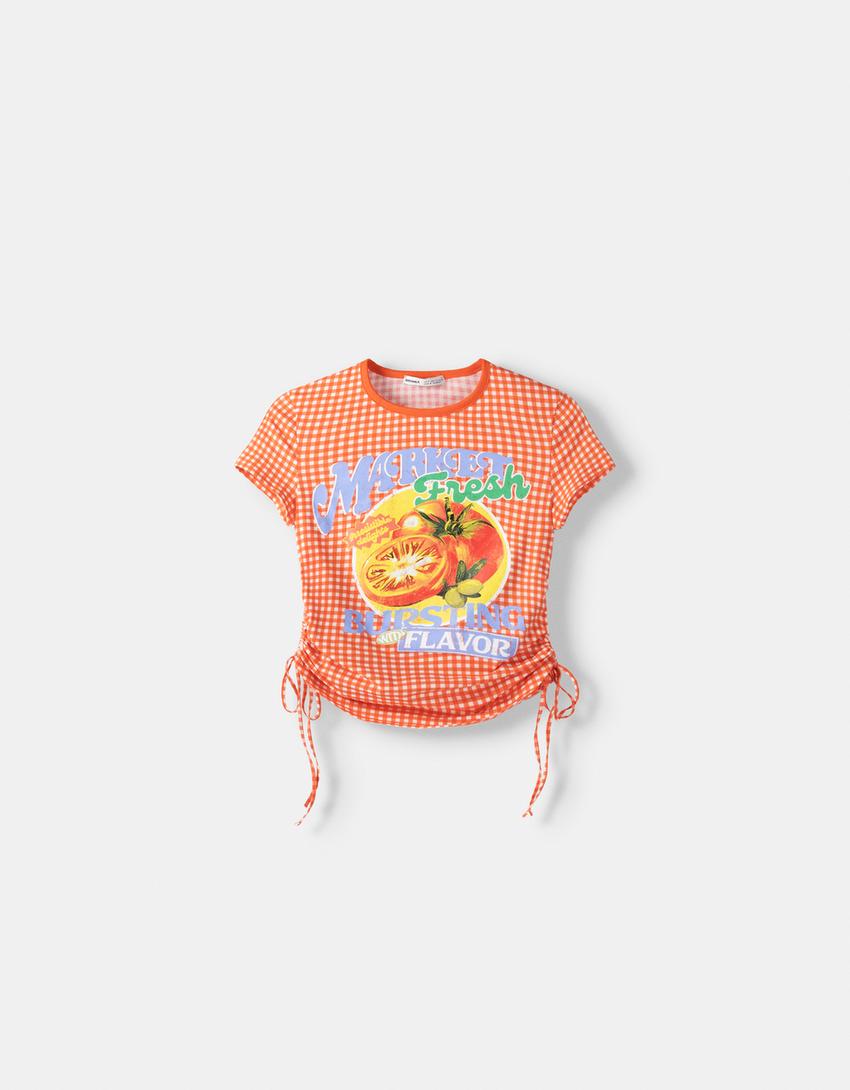 Printed short sleeve T-shirt with side gathering-Red-5