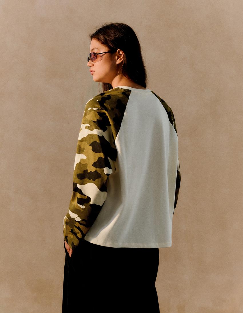 Long sleeve raglan print T-shirt-Cream