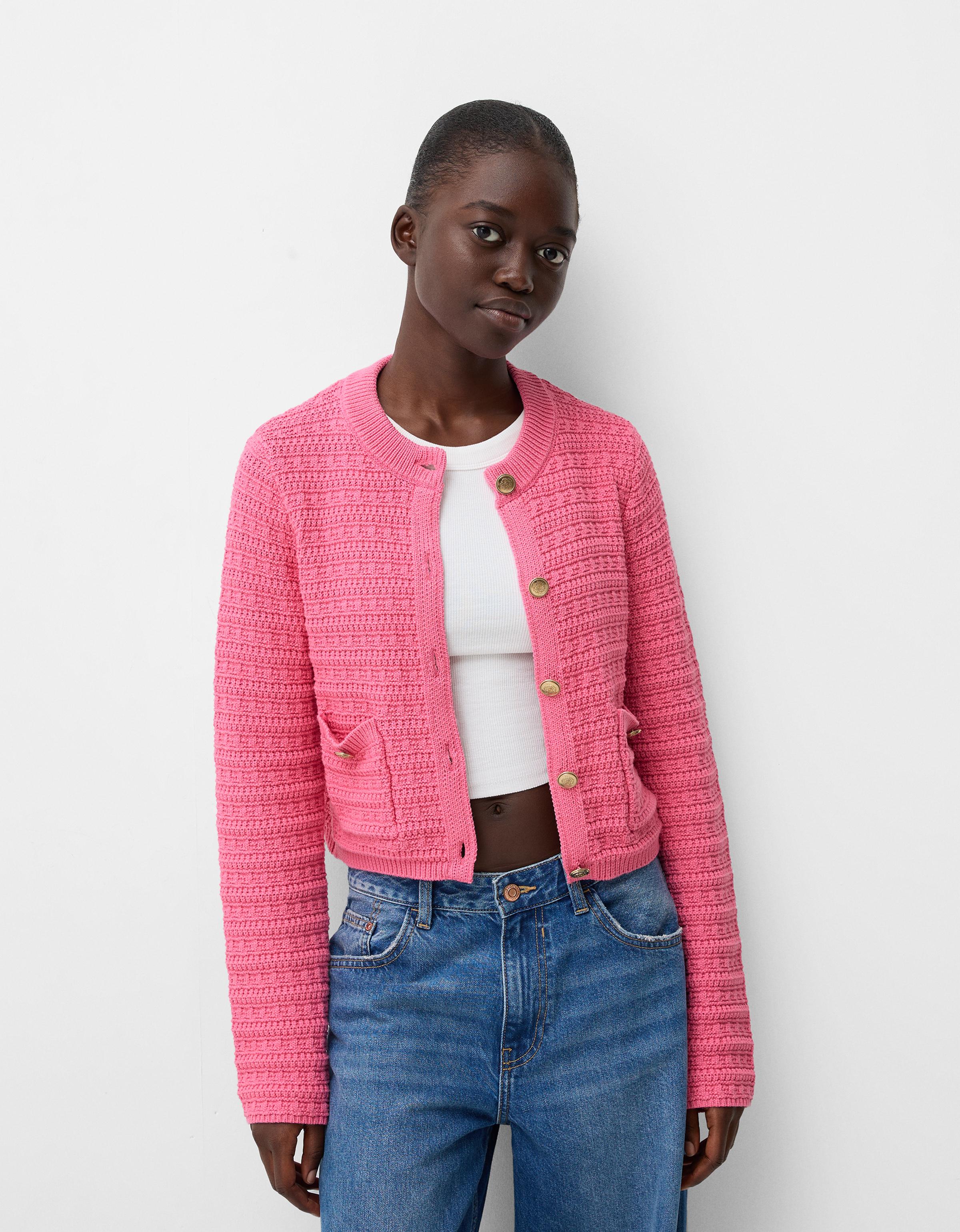 Bershka Cardigan Mit Rundausschnitt Und Strukturmuster Damen S Rosa