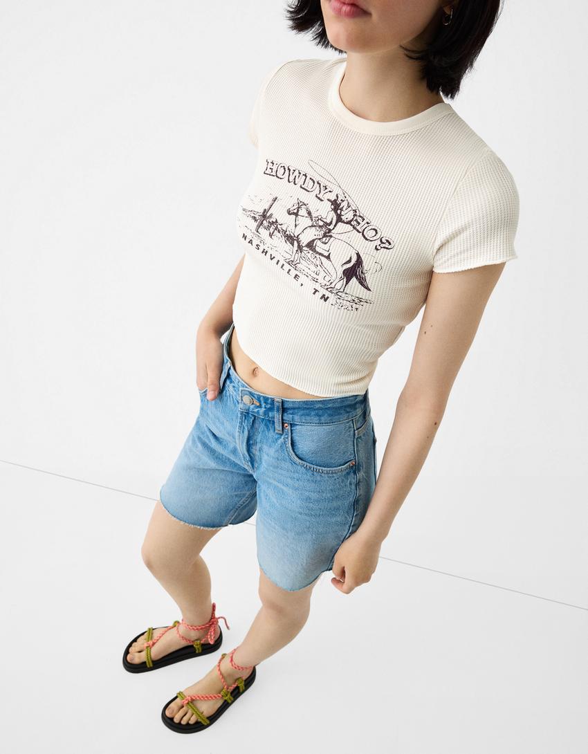 T-shirt manches courtes gaufré imprimé-Écru-5