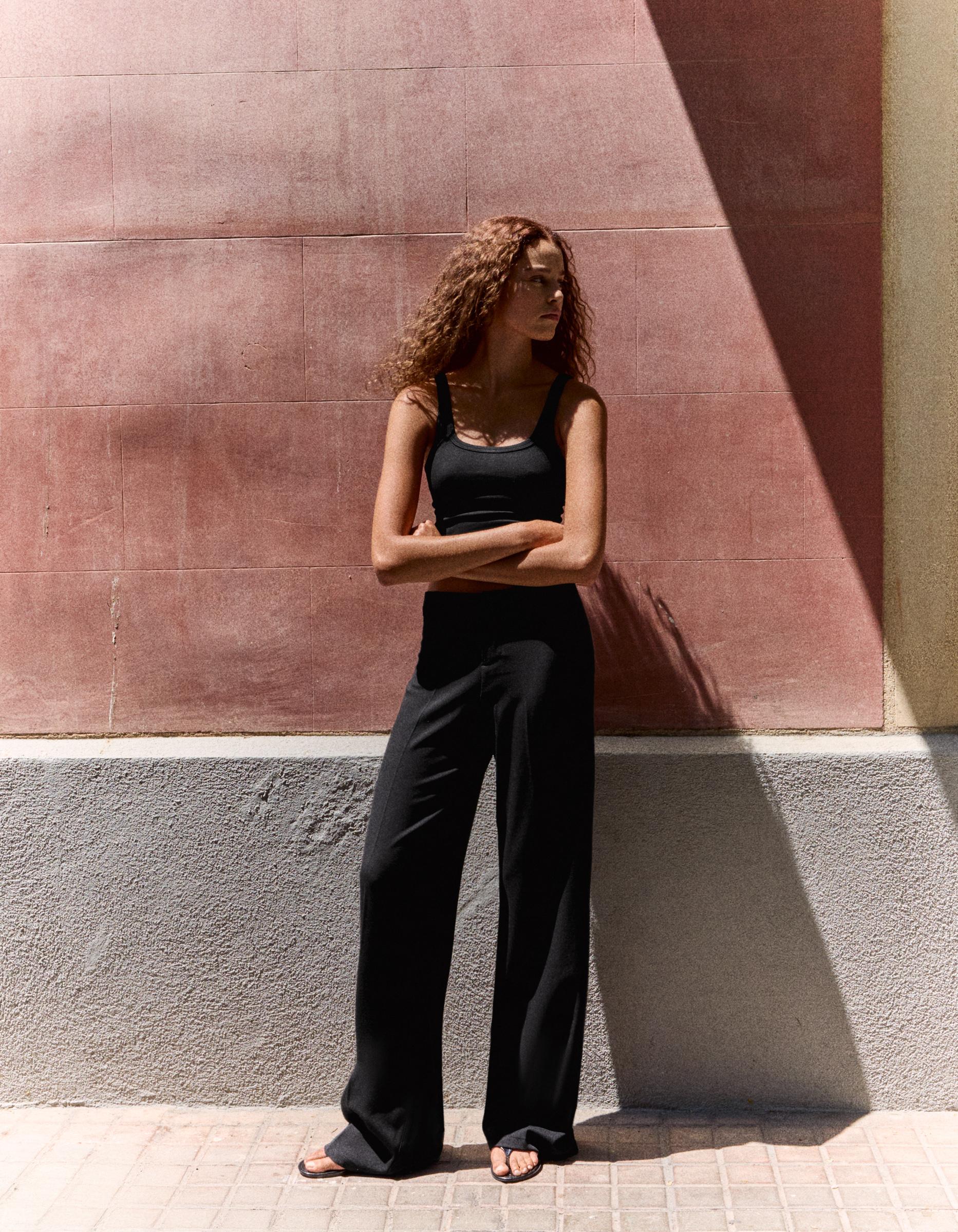 Bershka Pantalón Wide Leg Mujer Negro