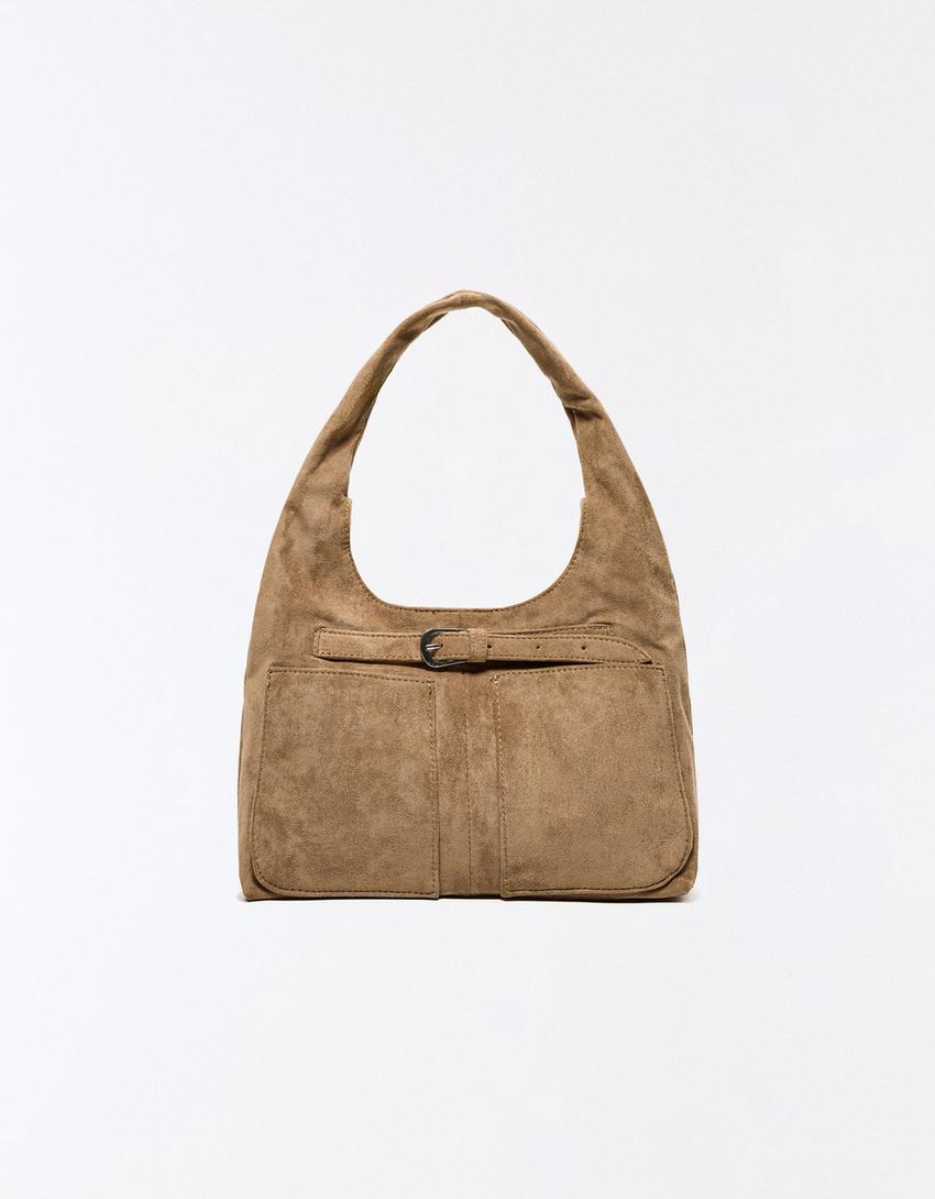Faux suede bucket bag-Brown