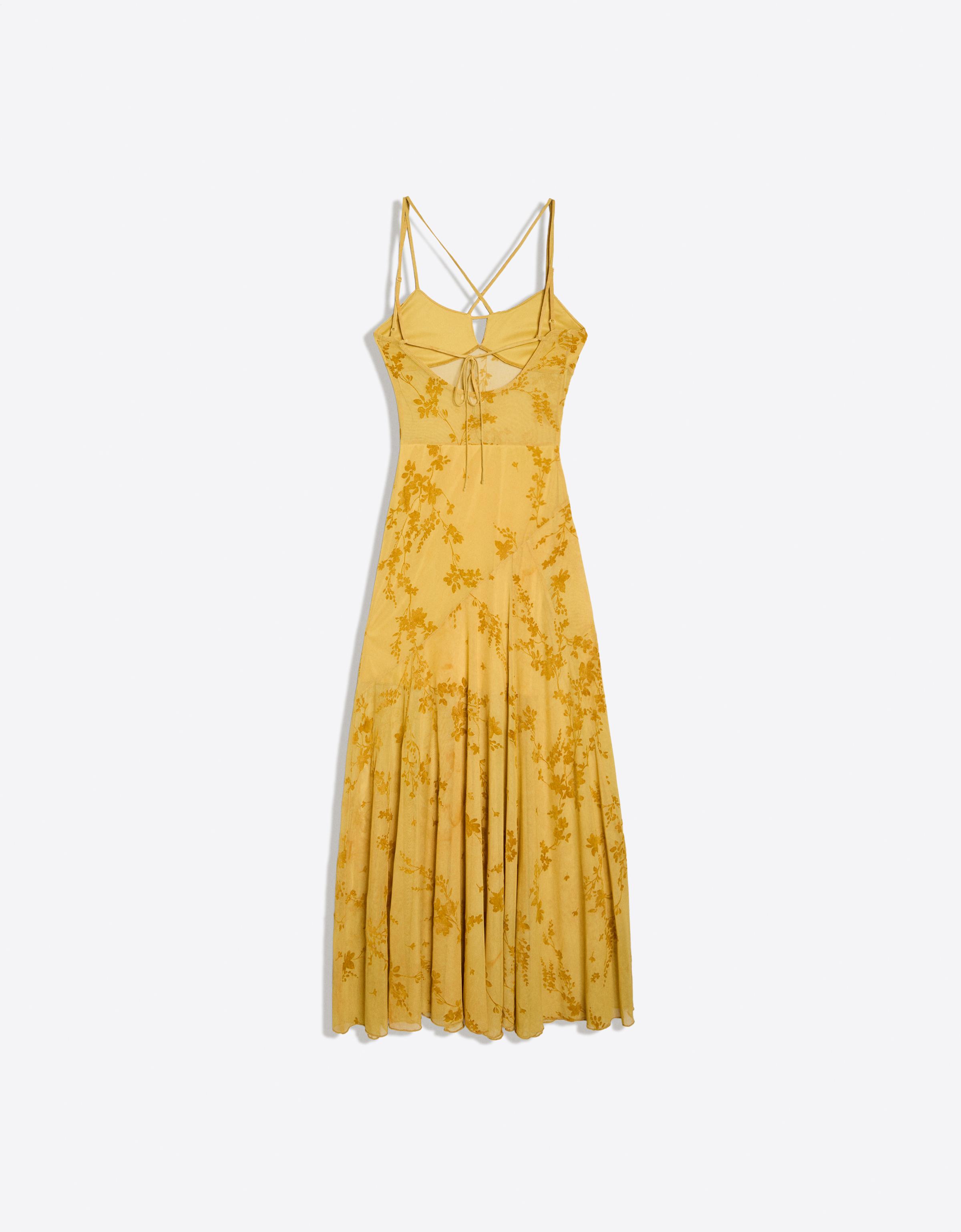 Midi dress with flocked tulle straps — Mustard