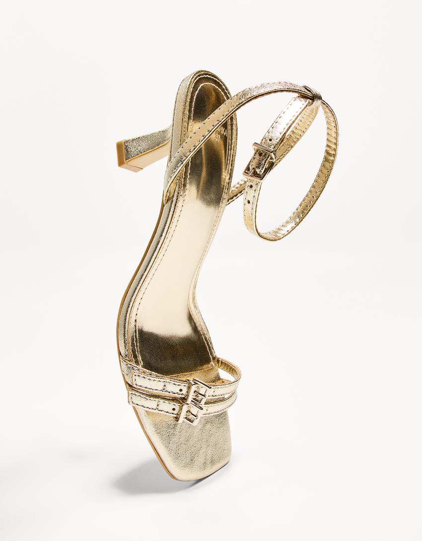 Sandales talon brides boucle de cheville-Or-3
