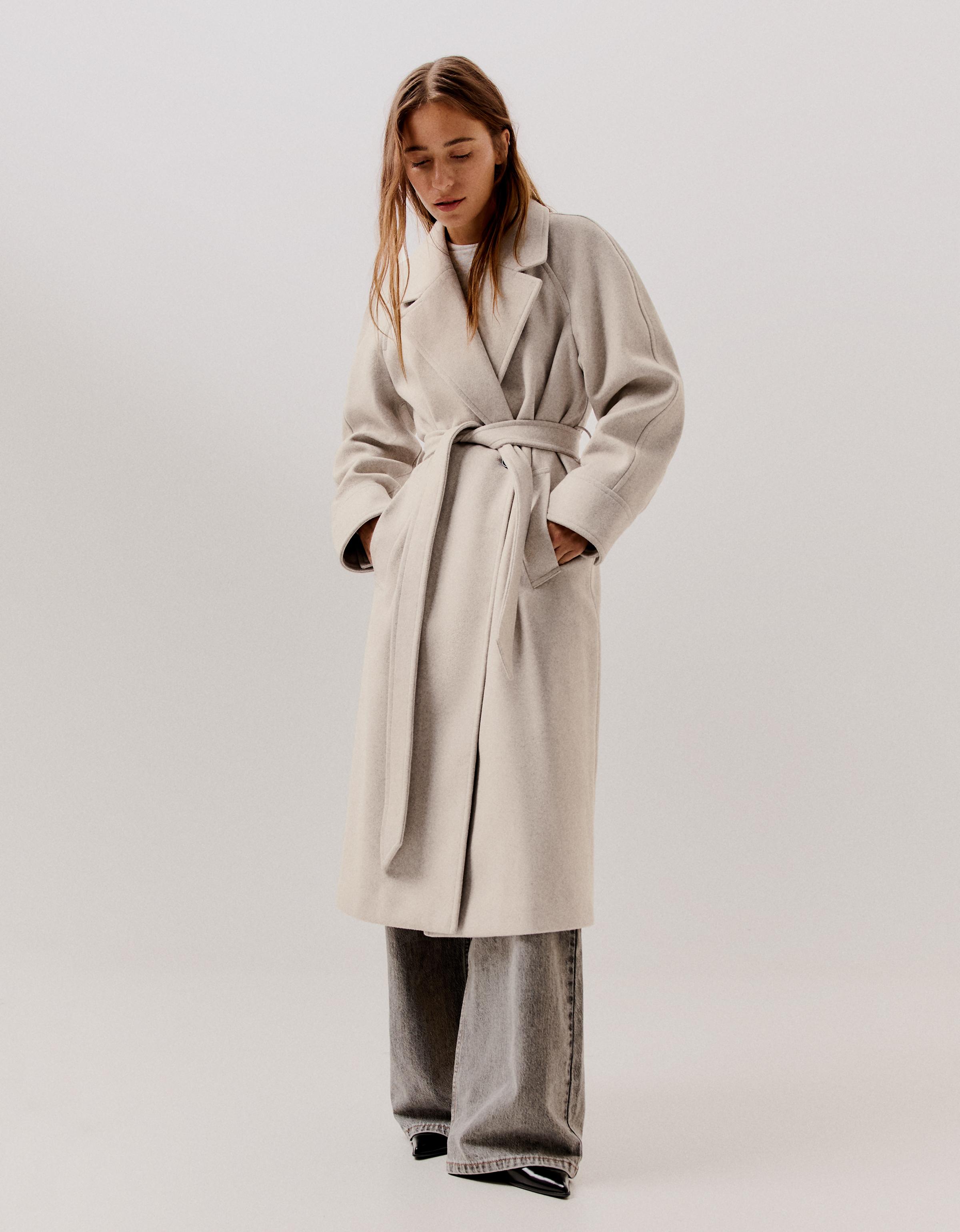 Bershka Abrigo Largo Soft Cinturón Mujer L Beige